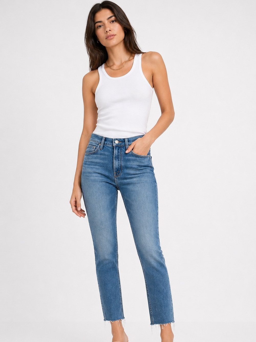 MOTHER The Mid Rise Dazzler Ankle Fray Jeans Size 24 | Medium Wash Raw Hem EUC